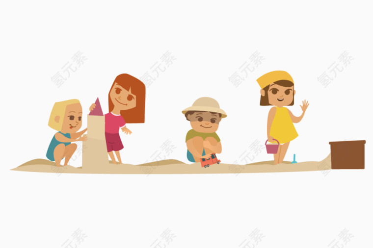 卡通手绘一群小孩沙上玩耍