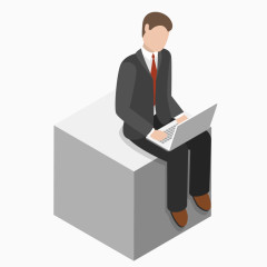 卡通创意3D手绘坐方块上操作电脑商业男孩