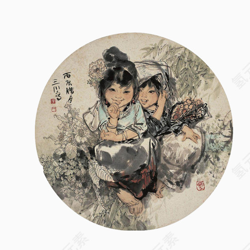 水墨小孩嬉戏图免抠素材