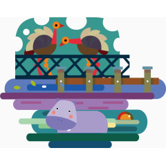 动物园鸵鸟海马卡通手绘装饰元素