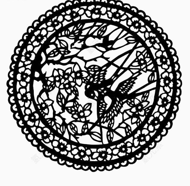 花朵飞鸟圆形剪纸图案