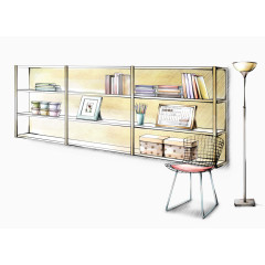 清新手绘书柜室内插画