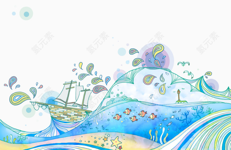 水墨清新海边蓝色插画