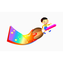 骑着彩色画笔的卡通小孩
