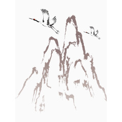 手绘水墨画动物仙鹤大山
