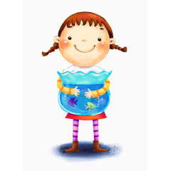 插画手绘女孩鱼缸