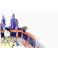 天台的风景手绘插画