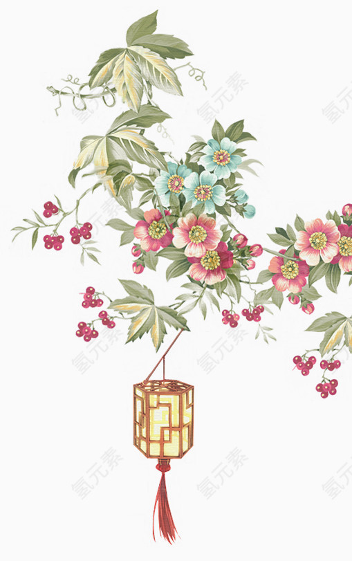 花枝上的灯笼手绘插画