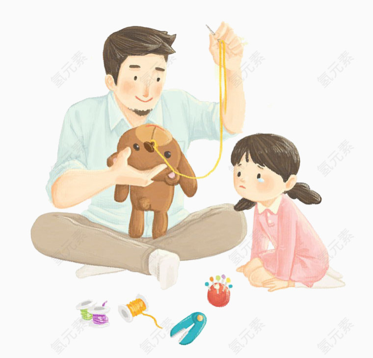 手绘卡通父亲和孩子