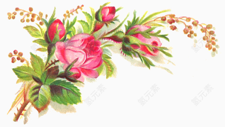 油画效果的花朵和绿叶