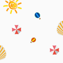 卡通圆圈橙黄色太阳雨伞热气球贝壳海滩风景