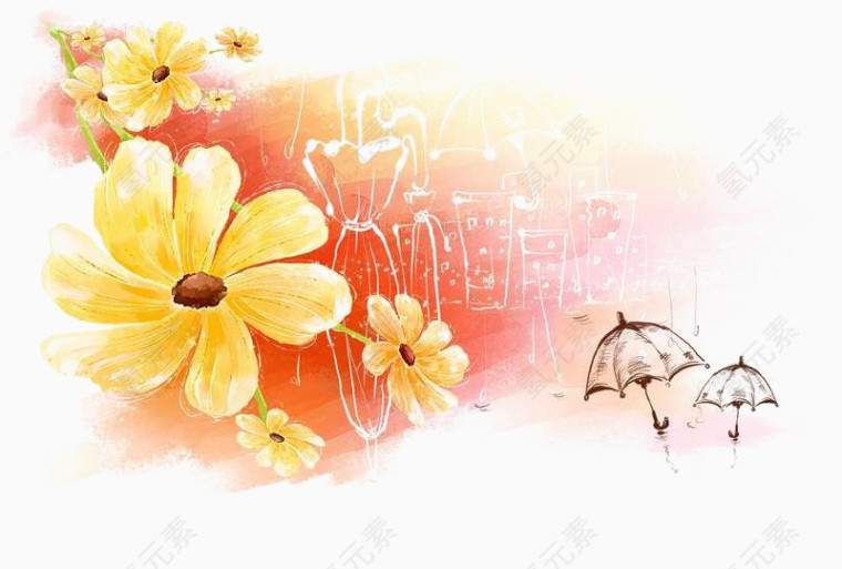 手绘花朵雨伞素材