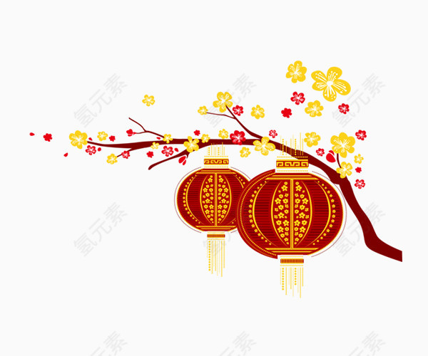卡通挂在梅花树上的红灯笼