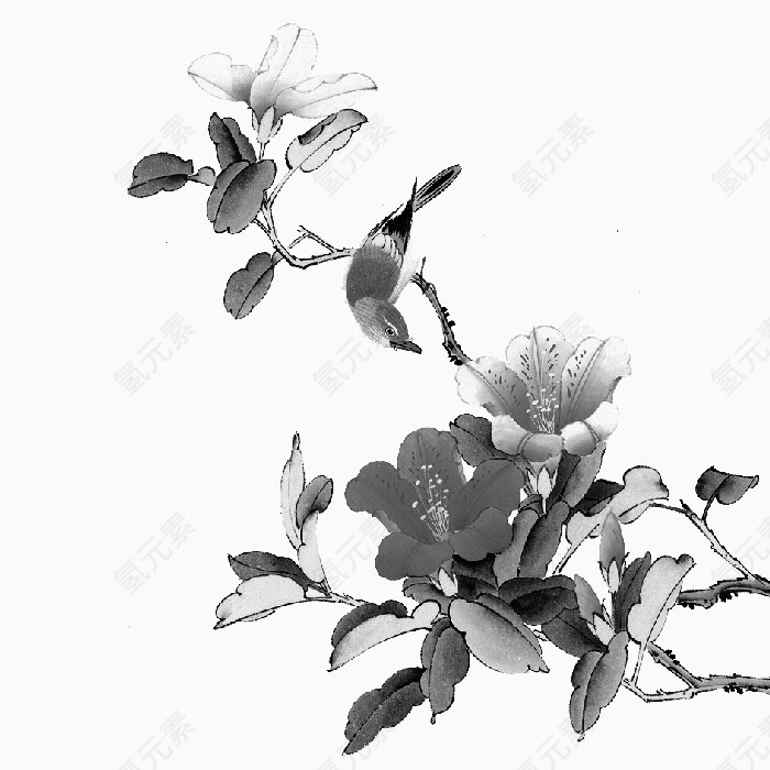 水墨花鸟免抠PNG透明素材