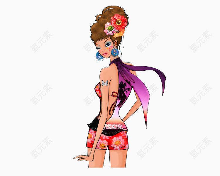 转身的俏丽的卡通女人
