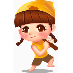 戴帽子扎小辫的小女孩扛锄头Q版卡通
