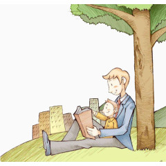 卡通树下看书的父子插画
