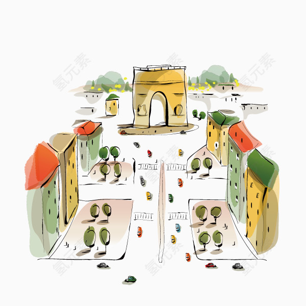 手绘城市建筑 插画 手绘 街道