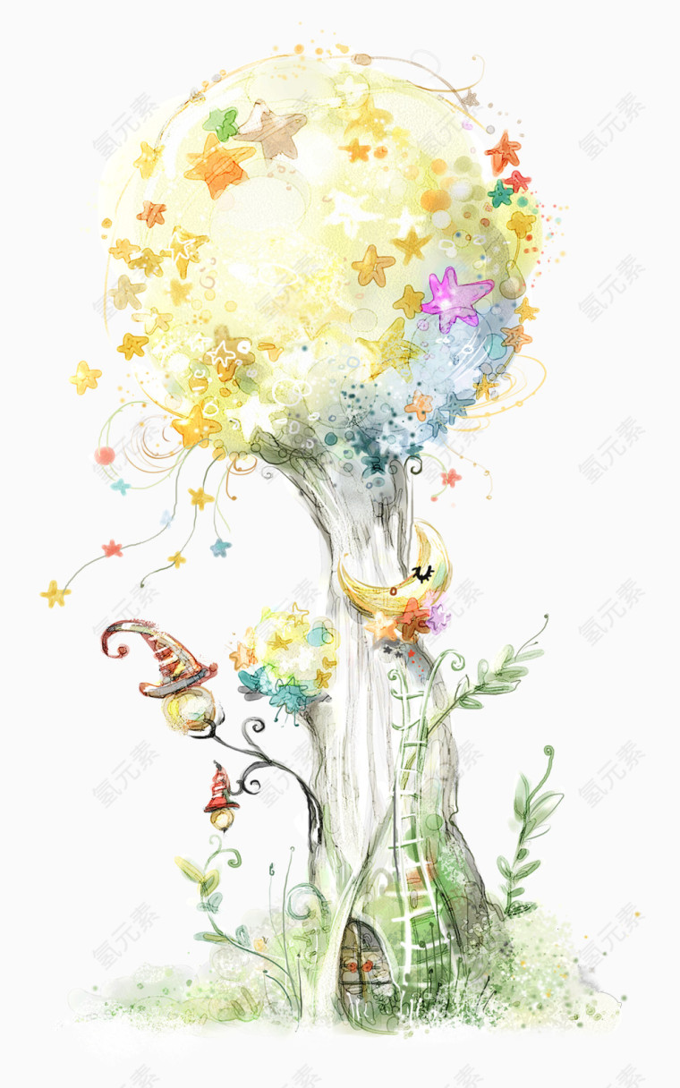 卡通星光美景大树