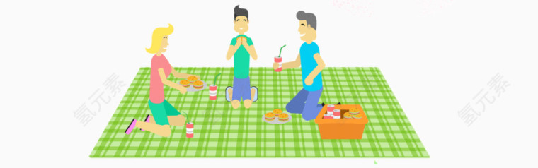 卡通男人女人席地野炊喝酒