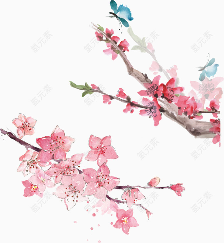 手绘桃花蝴蝶插图