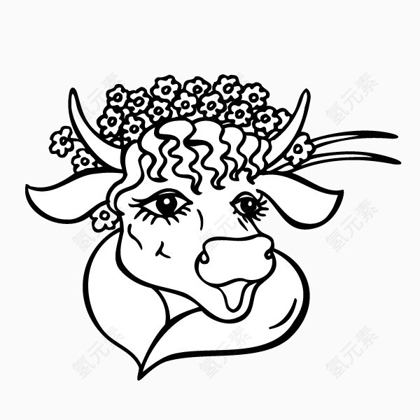 手绘 动物 牛 卡通 花团