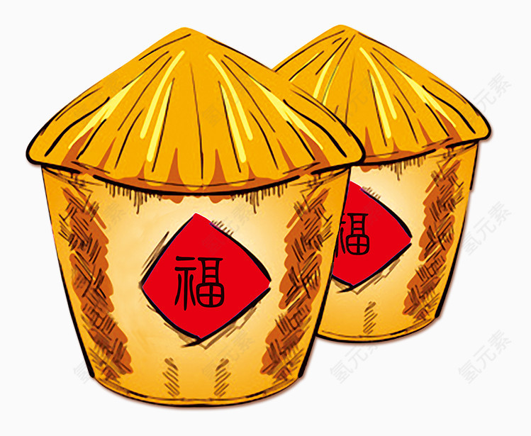 卡通手绘贴福字的黄色粮仓