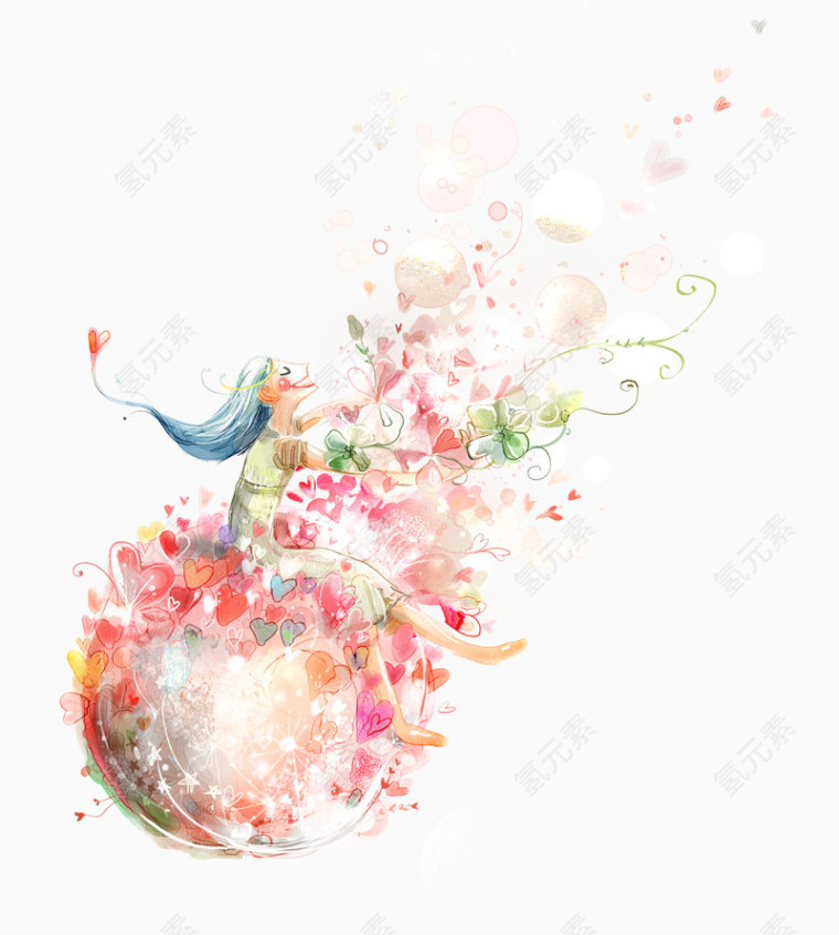 手绘梦幻女孩场景插画