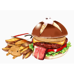 手绘插画薯条汉堡和兔子