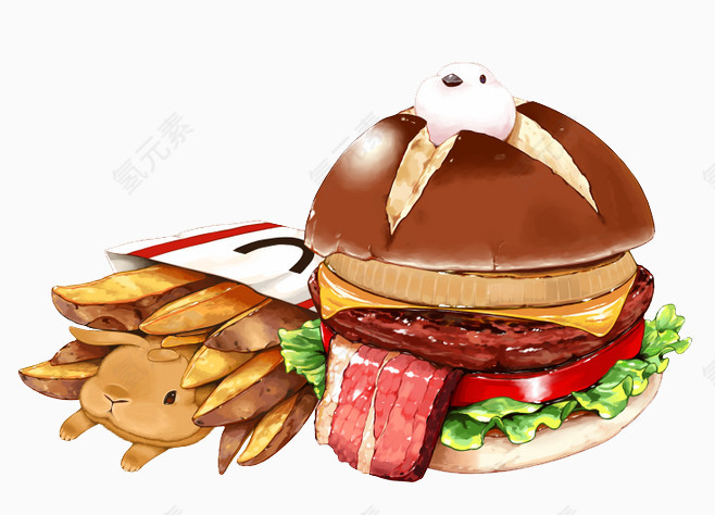 手绘插画薯条汉堡和兔子