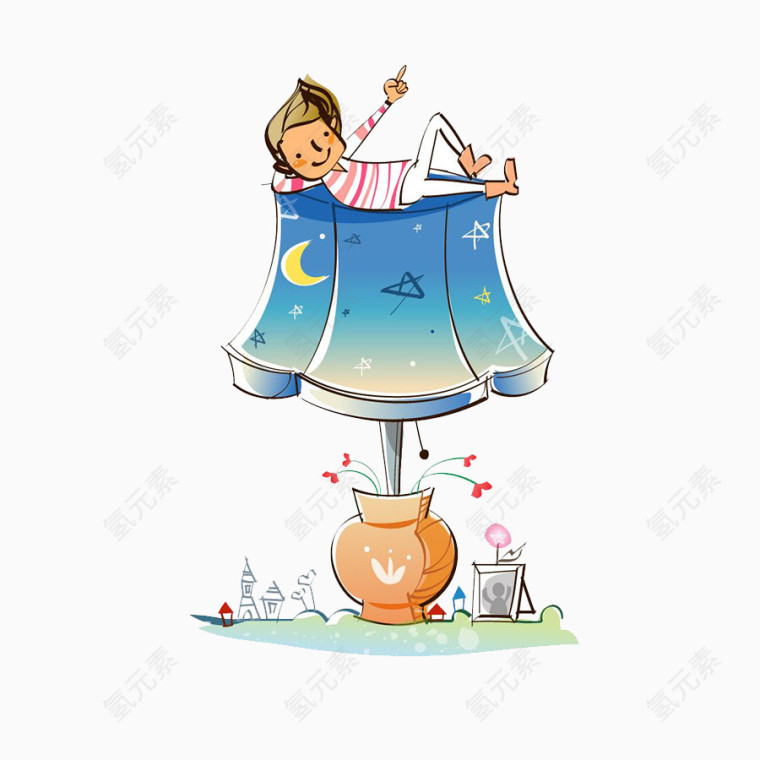 坐在台灯上的小男孩