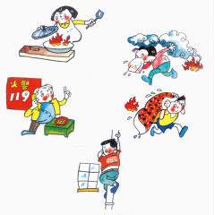 社区火灾逃走卡通手绘装饰元素