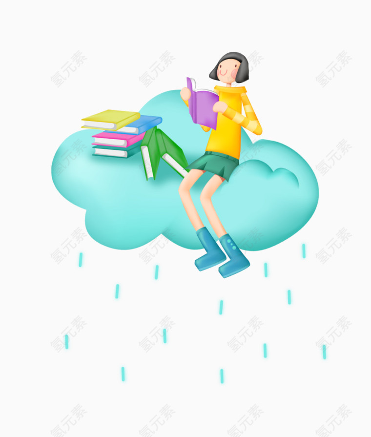 卡通手绘坐在云彩上面看书的女孩