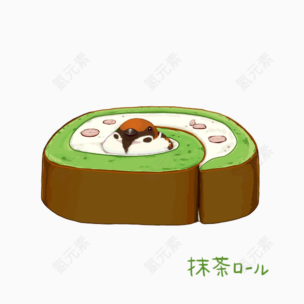 手绘躲在抹茶蛋糕里的小鸟