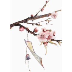水彩水墨桃花景色