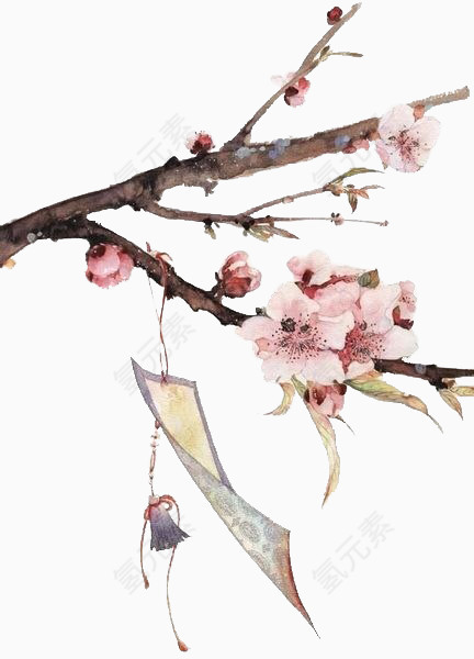水彩水墨桃花景色