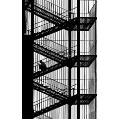 坐在铁艺楼梯上的男人