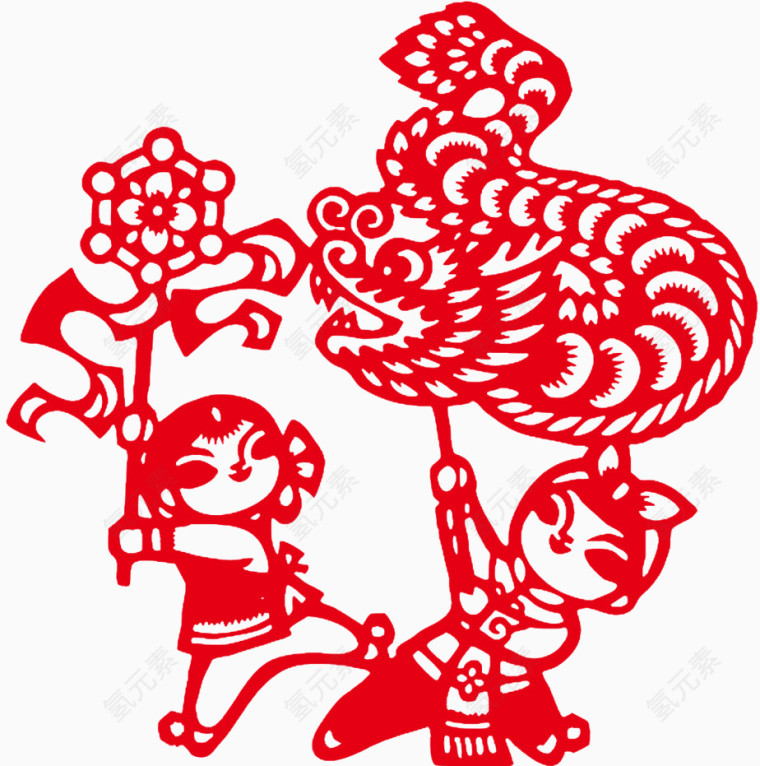 剪纸福娃舞龙