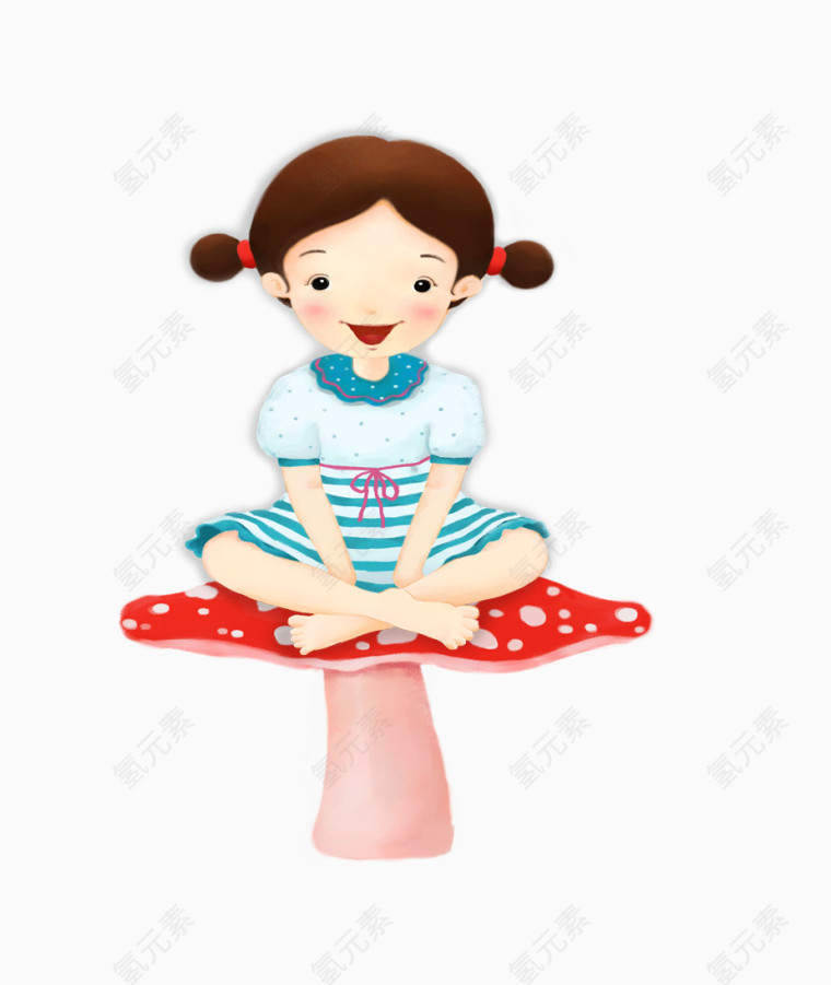 卡通手绘坐在蘑菇上的小女孩