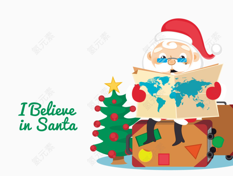 等飞机看报的圣诞老人矢量图