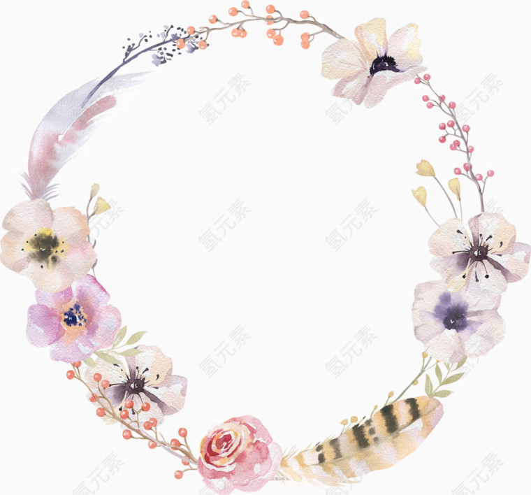 手绘水彩圆形花环装饰边框