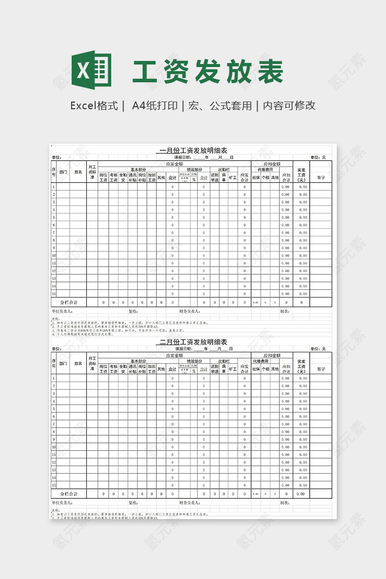 公司财务部门工资条表格excel模板