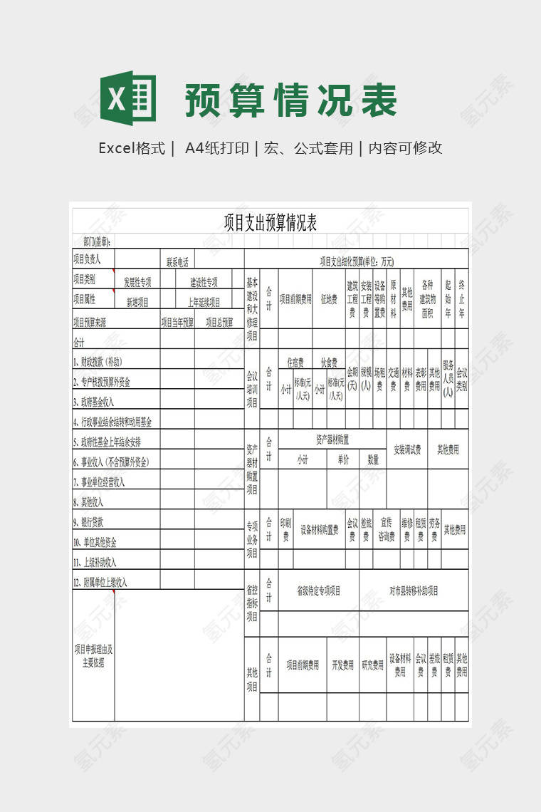 简单明了项目支出预算情况表Excel