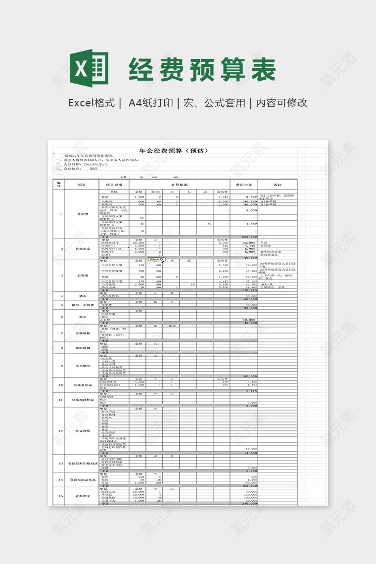 公司年会预算安排表exce模板