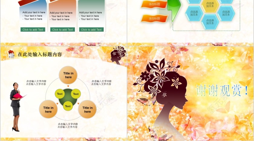 黄色大气商务通用女性用品花纹美容美发模板PPT第10张