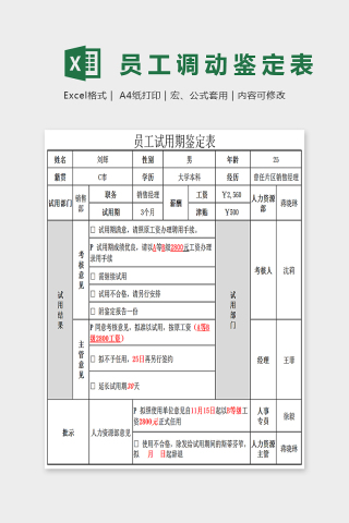 简单大方人员试用期鉴定表Excel