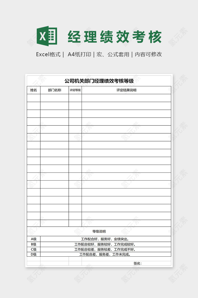 公司机关部门经理绩效考核等级Excel表格模板