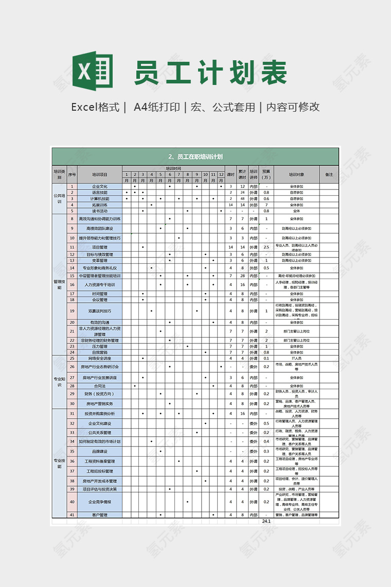 简单明了员工工作计划培训表Excel