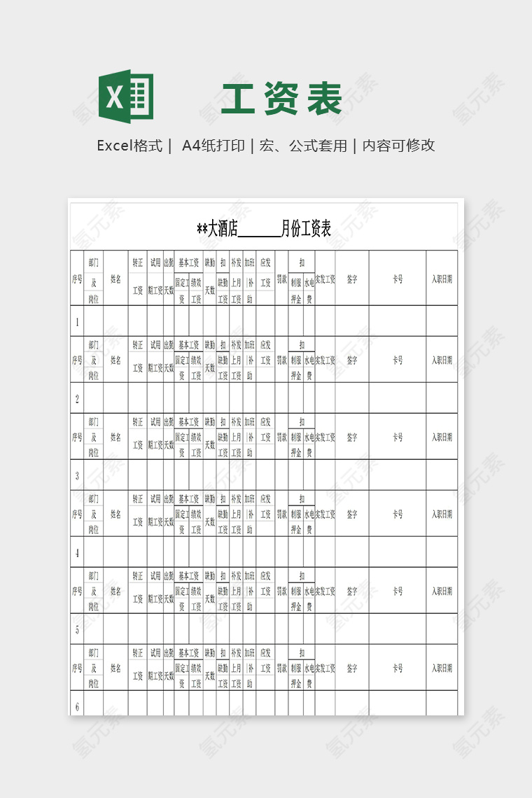 专业酒店员工每月份工资表excel模板