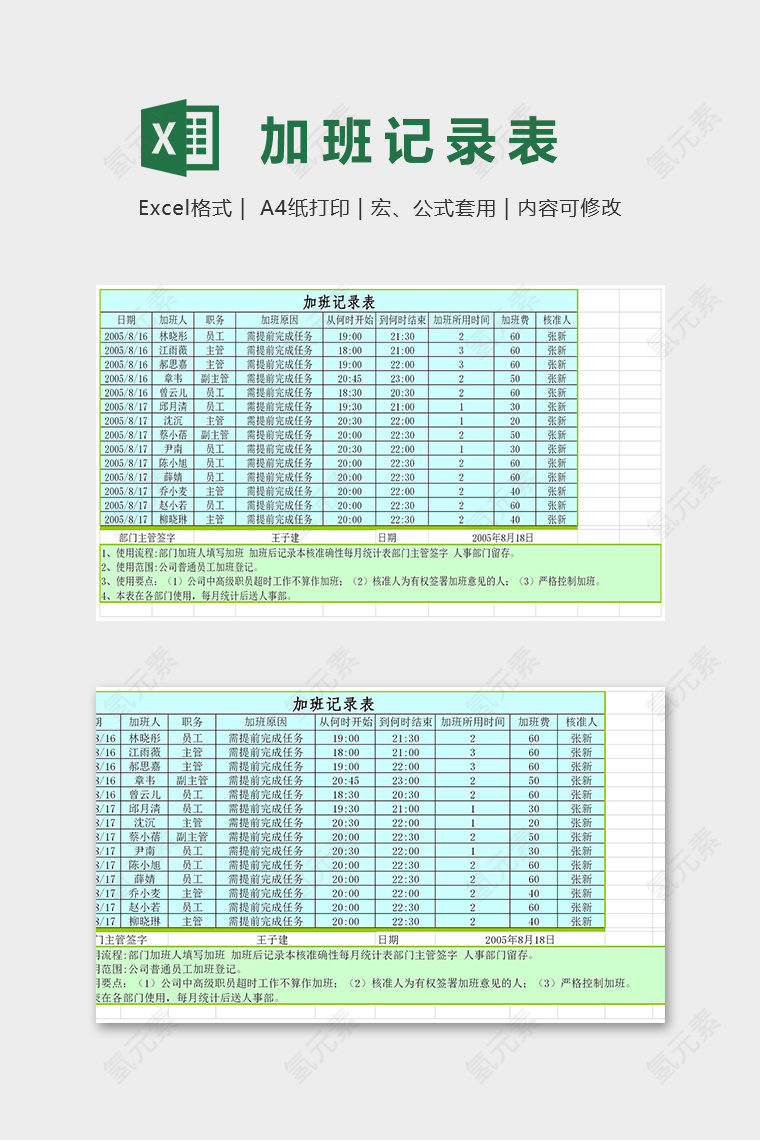 实用专业员工加班记录明细表excel模板